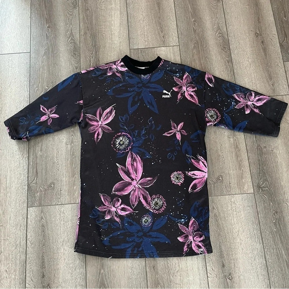 PUMA Dress Black Archive Logo Printed Dress Purple Pink Floral Size small - Picture 2 of 6